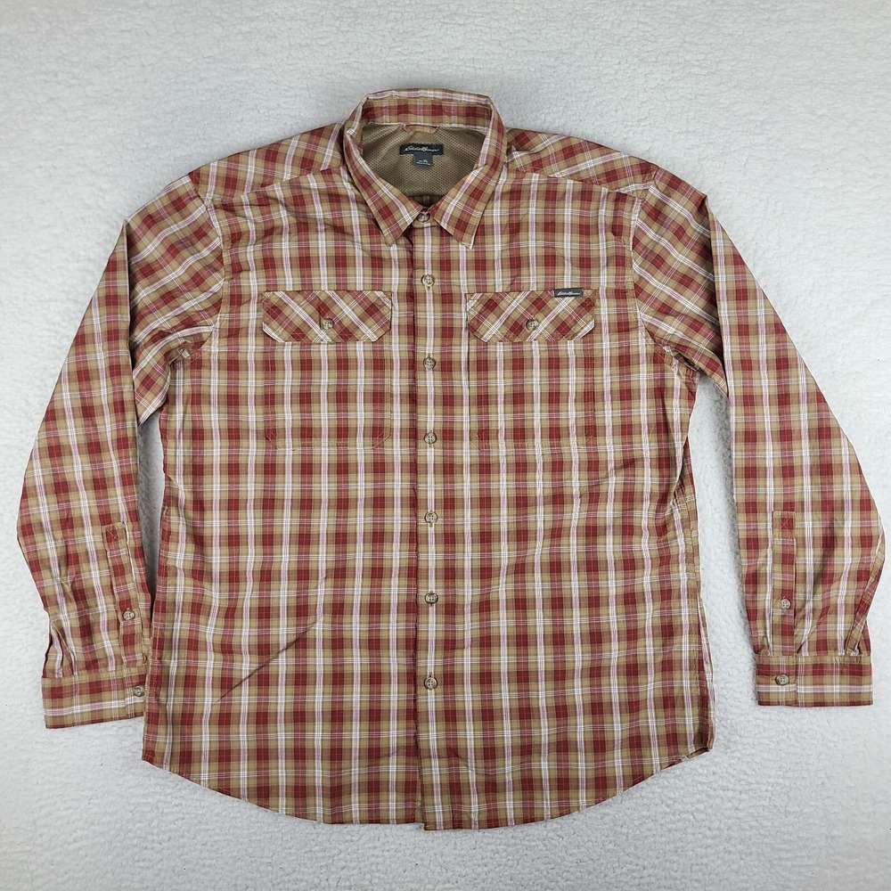 Eddie Bauer Shirt Mens XL Brown Red Plaid Check Flap Pocket Dress Button Down